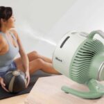 Ventilateur Shark FlexBreeze en fonctionnement dans une pièce, avec brumisateur intégré diffusant une fine brume.